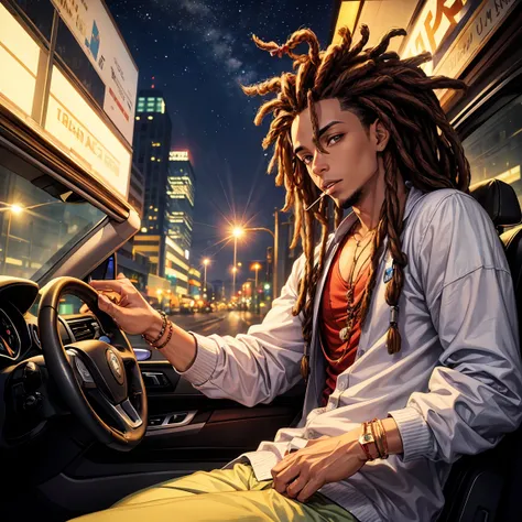 light skin guy with dreadlocks, smoking and driving at night, on a lonely street