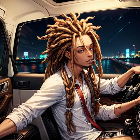 light skin guy with dreadlocks, smoking and driving at night, on a lonely street