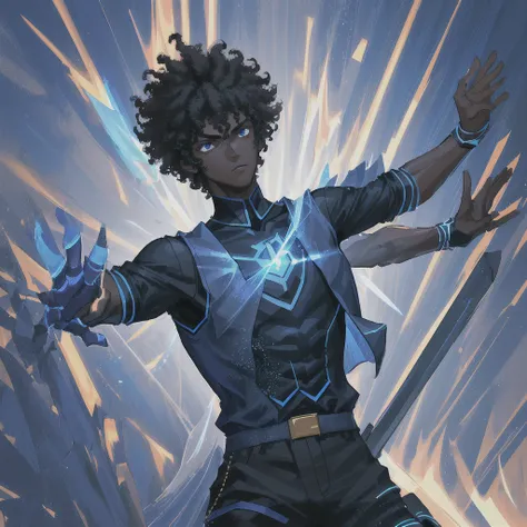 1boy, dark skinned, handsome, teenage, short black afro, blue vest with black sleeves, black spandex pants, superhero, energy sword, teleportation powers, cinematic lighting, dramatic pose, action scene, dynamic composition, vibrant colors, photorealistic,...