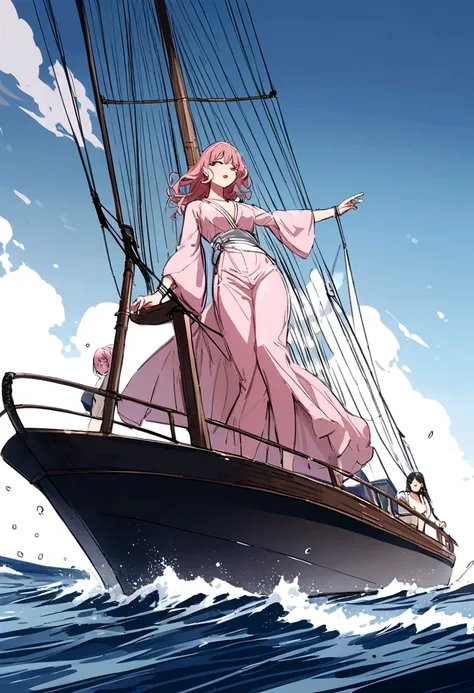 Ocean、Boat、drifting、Pink Hair Woman