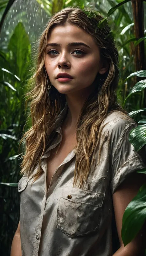 surreal portrait of Chloë Grace Moretz, beautiful detailed eyes,beautiful detailed lips,extremely detailed face, brunette girl, jungle setting, vines, tropical plants, muddy ground, rain,dramatic lighting, cinematic, moody colors, highly detailed, hyper re...