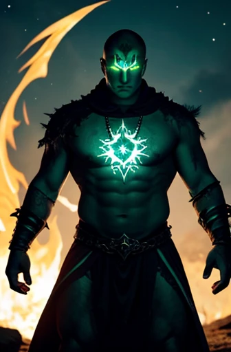 A large human, a satanic star cut into his chest, a crescent moon burned around his eyes, a flower carved into his hand, green glowing eyes, silvery skin, scars on his head, burned, full body, powerful, druid, blood hunter, fantasy, light, no horns, clothe...