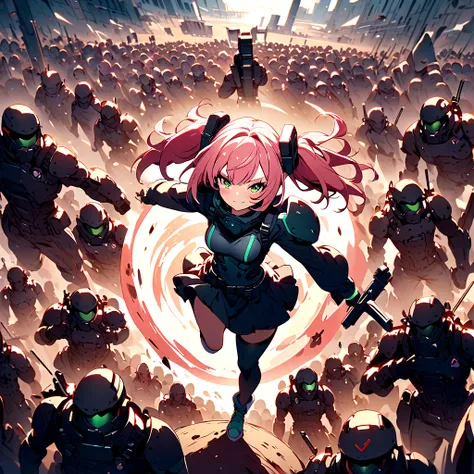 Above ground、circle、Surrounded by many enemies、One man with a gun、Pink haired fighter girl