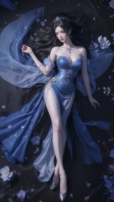 a beautiful woman with perfect curves wearing a long blue dress that gently flutters in the air,the beautiful woman was lie down...