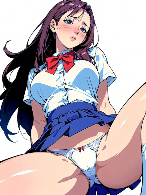 (Highest quality、masterpiece、、Highest quality、Hyperrealism、Ultra HD)、 A high school girl wearing a white blouse and a navy blue skirt:1.2)、( Red bow tie on chest:1.1)、Perfect Style、Perfect body line、Large Breasts、Perfect beautiful anime style、Smooth anime ...