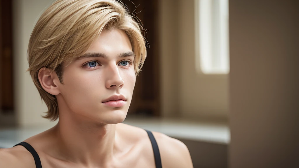 photograph, Young male perfection, 18-year-old, Strong jawline, No cleft jaw, Fuller lips, Roman Nose, Short blonde, Hazel Eyes, Ultra-realistic, 8k --v 4