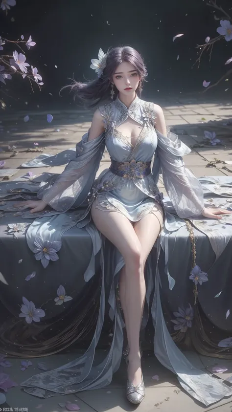 A beautiful woman with perfect curves wearing a long blue dress that gently flutters in the air,The beautiful woman was lie down in a sea of beautiful flowers surrounding her, Chinese traditional, her flexible body increasing with every movement, So enchan...