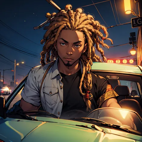 light skin guy with dreadlocks, smoking and driving at night, on a lonely street