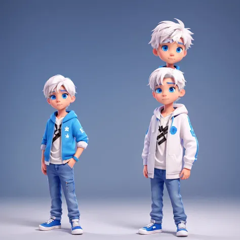 Create a boy with white hair and bright blue eyes, dressed like a rapper