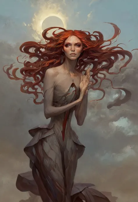 edobhorrorlandscape, painting of a woman with flowing dark red hair, peter mohrbacher, kbak, gorgeous brown eyes, surreal, fanta...