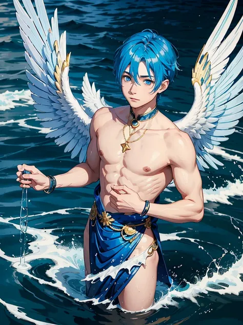 A young man with blue hair, piercing blue eyes, and blue bird wings, clear Japanese dress, blue and gold Standing and pouring into the sea ถือพัดสีดำ