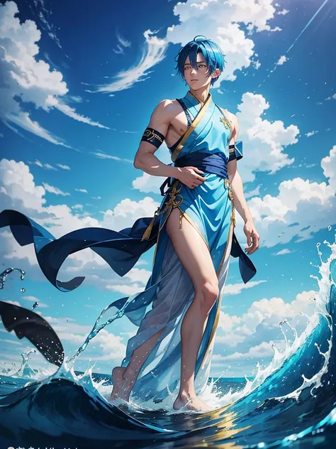 A young man with blue hair, piercing blue eyes, and blue bird wings, clear Japanese dress, blue and gold Standing and pouring into the sea ถือพัดสีดำ