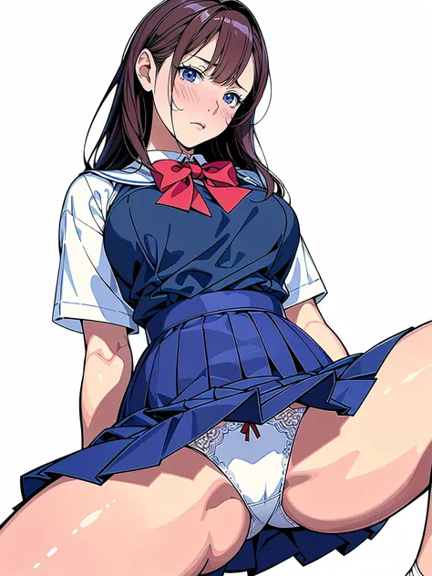 (Highest quality、masterpiece、、Highest quality、Hyperrealism、Ultra HD)、 (A high school girl wearing a white blouse and a navy blue skirt:1.2)、(Navy Pleated Skirt:1.2)、(Red bow tie on chest:1.1)、Perfect Style、Perfect body line、Large Breasts、Perfect beautiful ...