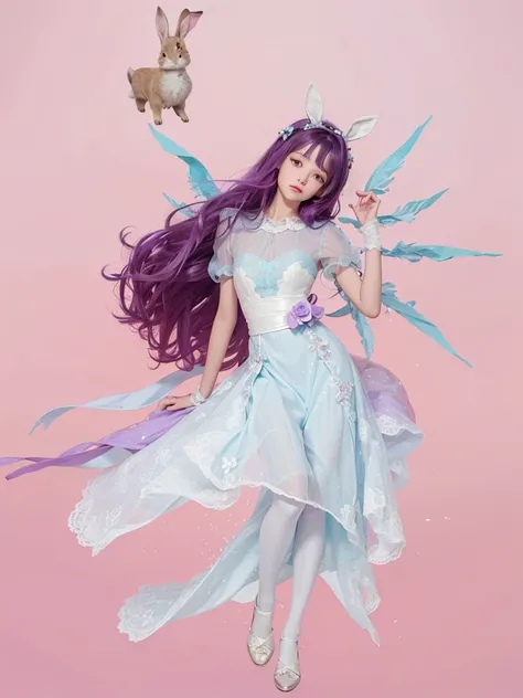 A very cute 12 year old , de corpo inteiro, with loose purple hair, with a bunny floating by the side, with light blue dress.