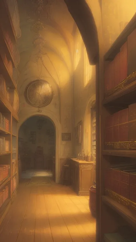 In the warm, golden light of a summer early morning, a majestic orange owl perches amidst towering shelves of antique books in a cozy bookstore, surrounded by dusty tomes and scattered parchment papers, exuding wisdom and mystique. The 8K UHD image is rend...