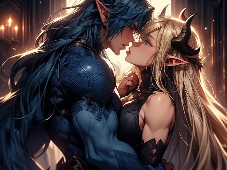 (female blonde elf and male dark blue haired elf) (male elf with big muscles and long dark blue hair) a tall long haired male elf with dark blue long hair and big muscles and demon horns kisses a female blonde elf, tongue kiss, lovers, intense kiss 