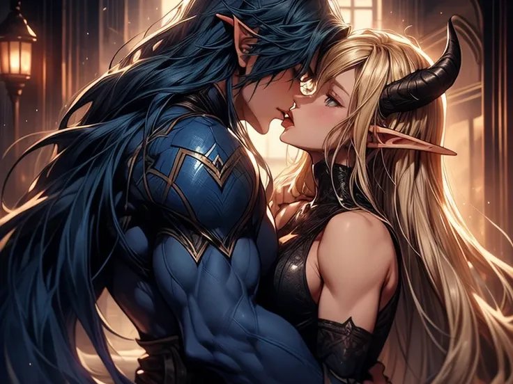 (female blonde elf and male dark blue haired elf) (male elf with big muscles and long dark blue hair) a tall long haired male elf with dark blue long hair and big muscles and demon horns kisses a female blonde elf, tongue kiss, lovers, intense kiss 