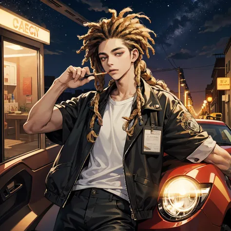 light skin guy with dreadlocks, smoking and driving at night, on a lonely street