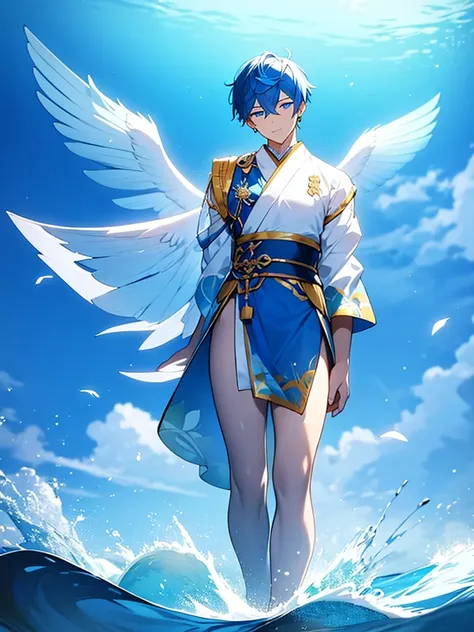 A young man with blue hair, piercing blue eyes, and blue bird wings, clear Japanese dress, blue and gold Standing and pouring into the sea ถือพัดสีดำ 3D