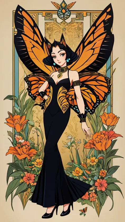 a art deco style cat with monarch butterfly wings in the art style of erte