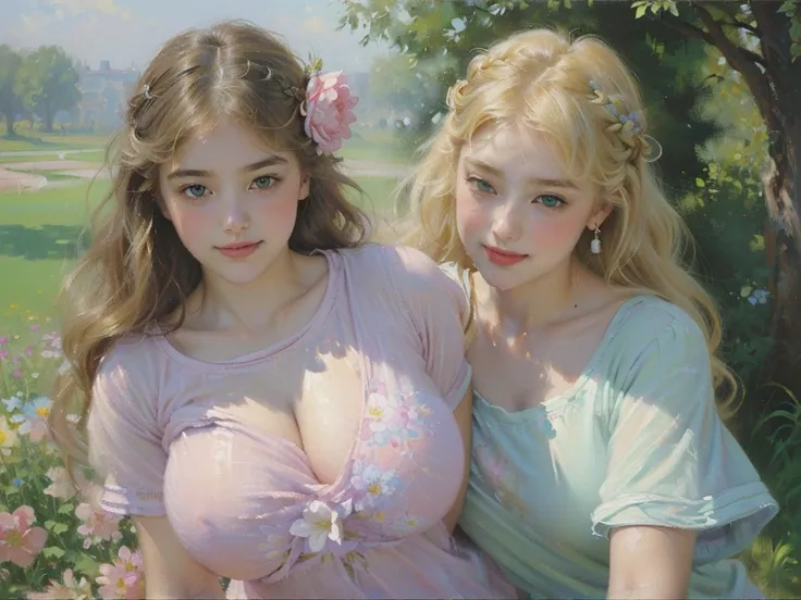 (((group_squeez, multiple girls, group picture, 3 girls, women))), ((18 yo, close-up, portrait, detailed face)) , fit , (young) , beautiful , (((pale skin, wavy blonde hair))), (((tight t-shirt, busty, dreamy, loving stare, bright magical fairytale fantasy...