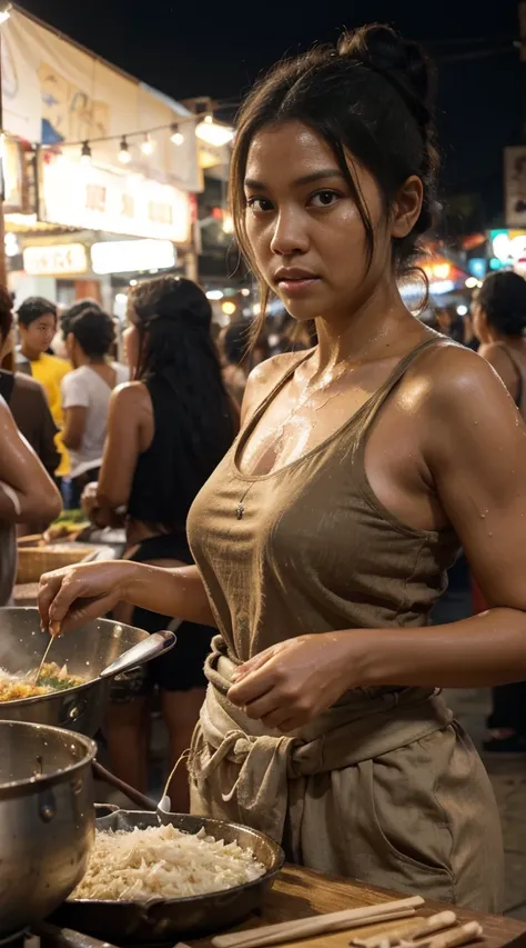 Very detailed and very realistic photo of a middle-aged (slightly curvy) Sundanese woman with long black hair ((messy low bun), (sweat dripping down her face and hair)), wearing a white tank top soaked with sweat and a brown batik cloth that tied around hi...