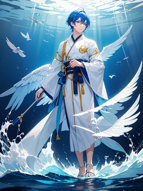 A young man with blue hair, piercing blue eyes, and blue bird wings, clear Japanese dress, blue and gold Standing and pouring into the sea ถือพัดสีดำ 3D