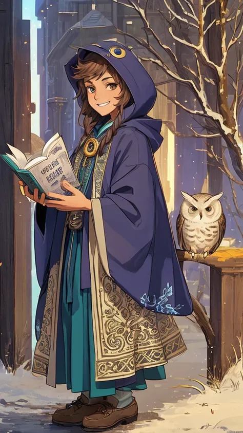 an owl prophet, an owl personified as a prophet with as hood carrying a book and a sly grin