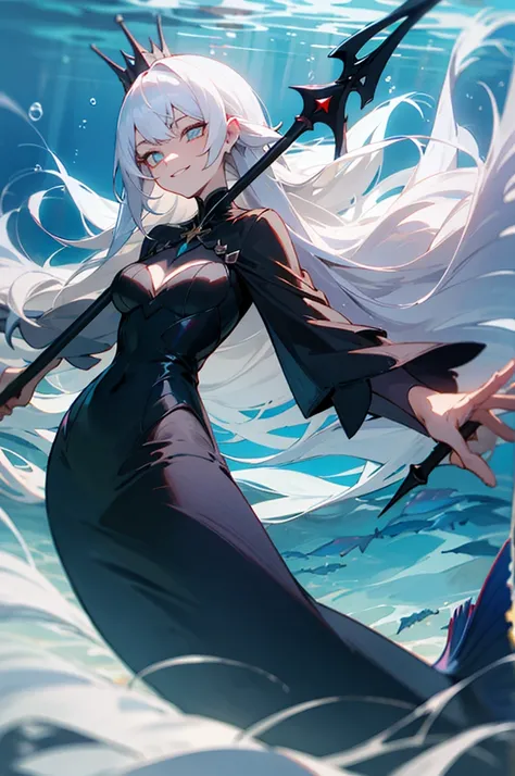 Female, long hair, white hair, sharp pupils, holding dark Trident, dark clothes, Black dress, mermaid, underwater, Evil, Storm, dark Crown, Evil smile