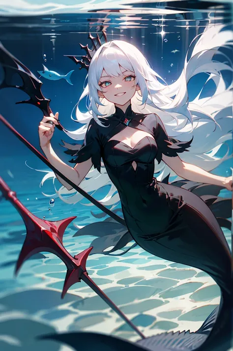 Female, long hair, white hair, sharp pupils, holding dark Trident, dark clothes, Black dress, mermaid, underwater, Evil, Storm, dark Crown, Evil smile