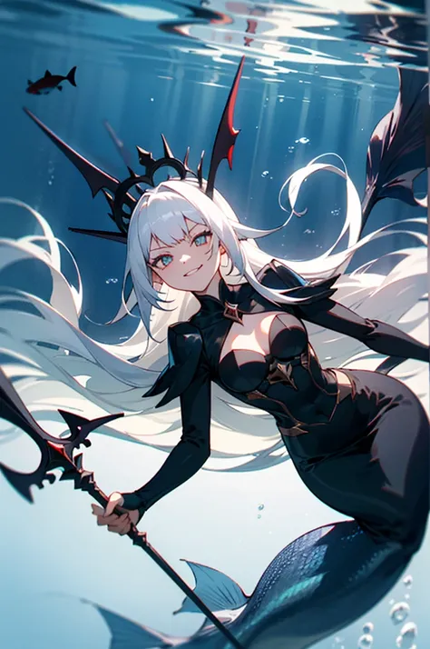 Female, long hair, white hair, sharp pupils, holding dark Trident, dark clothes, Black dress, mermaid, underwater, Evil, Storm, dark Crown, Evil smile