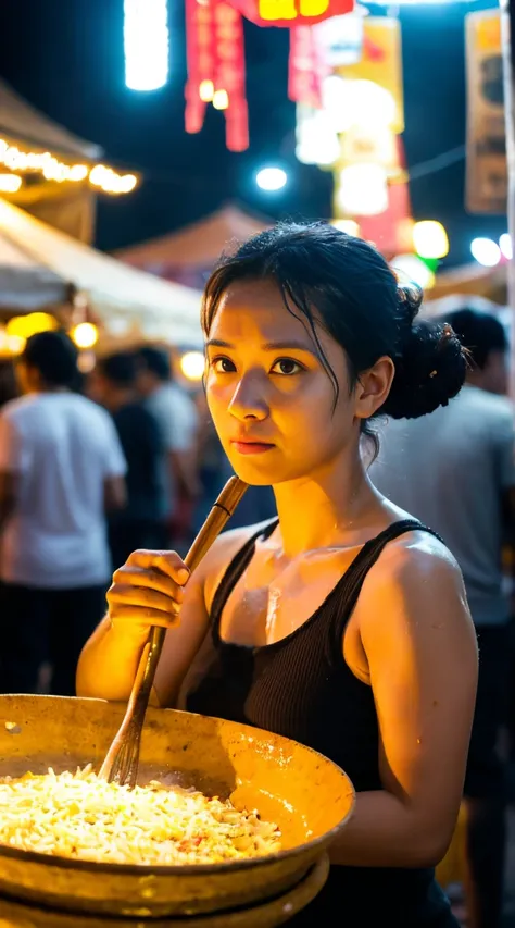 Very detailed and very realistic photo of a middle-aged (slightly curvy) Sundanese woman with long black hair ((messy low bun), (sweat dripping down her face and hair)), wearing a white tank top soaked with sweat and a brown batik cloth that tied around hi...