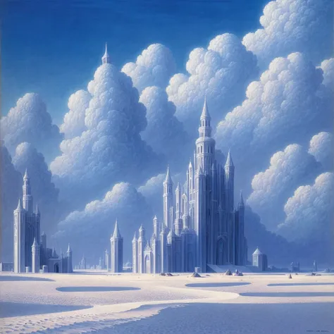 A landscape of white sand, from which mirrors emerge and blue tigers prowl: in the sky a medieval city floats in the clouds. Everything looks like a strange and mysterious dream. In the painterly style of Wayne Barlowe 