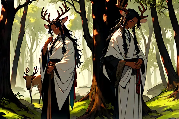 Dark-skinned man, with deer antlers and ears, brown eyes, long hair, hiding behind a tree in a forest.