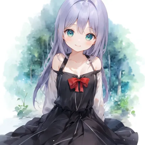 ultra-detailed illustration of cute girl, solo, light purple hair, long hair, aqua eyes, light smile, black dress with red ribbon, white background, forest, sitting, watercolor, blurry background, depth of field, masterpiece, best quality, beautiful illust...