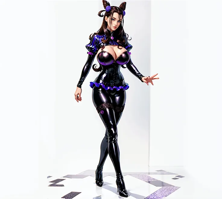 1girl,murasakishikibu, murasaki shikibu, brown hair, (purple eyes:1.1), long hair, big breast,black latex corset, long latex sleeves, puff and slash sleeves, puffy sleeves, purple gemstone, sleeves past wrists, cone hair bun, double bun, hair bun, hair orn...