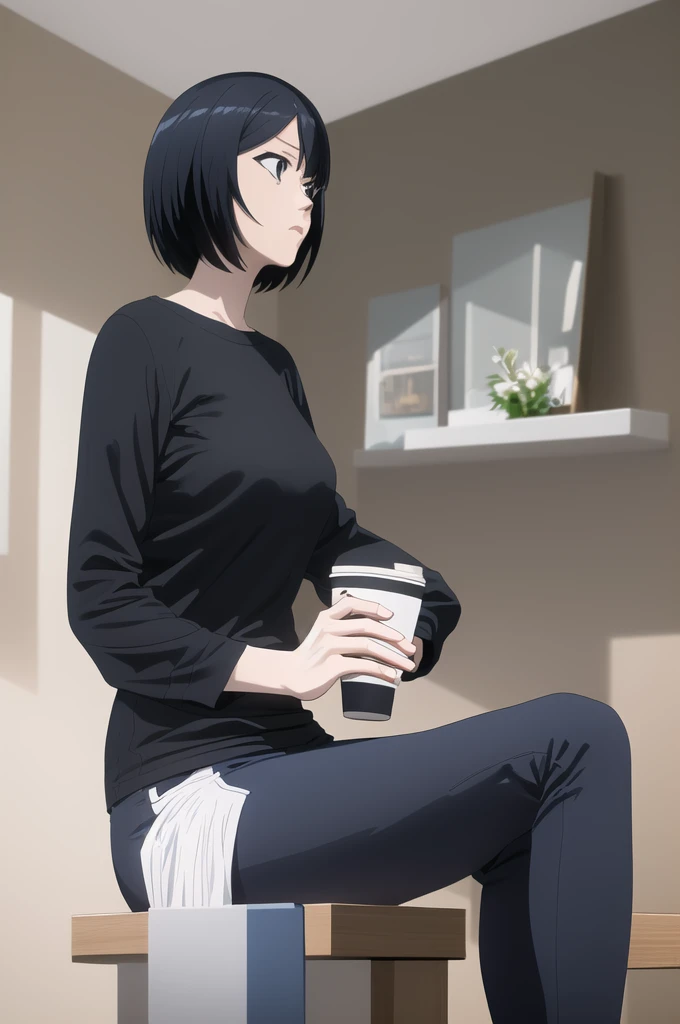 (masterpiece, best quality), sakurada, black t shirt, long sleeves, blue pants, scoop neck, sitting, indoors, caffe, drink coffe, lite,  [Cinematic lighting, (((top-quality))).)((Ultra-detail)))。(((illustratio)))。(((takeout))). (((​masterpiece)))。