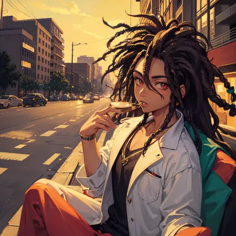 light skin guy with dreadlocks, smoking and driving at night, on a lonely street