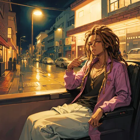 light skin guy with dreadlocks, smoking and driving at night, on a lonely street