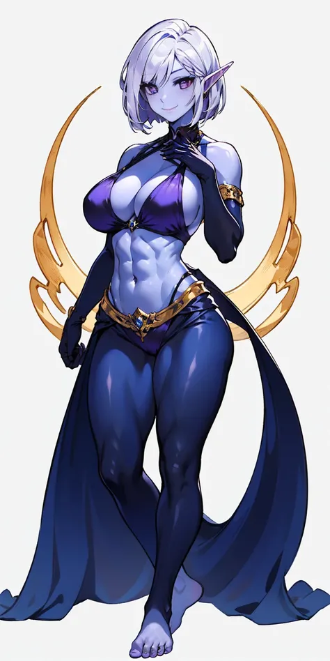 ((plain background:1.2, 1sologirl)) full body standing barefoot hands on waist navel, very purple skin, drow, elf, Madura, Detailed happy face, purple eyes, white hair bob style, gold bikini, well defined six pack abs, Large knockers, golden gloves