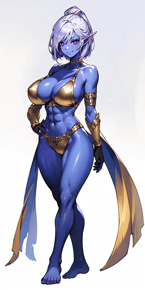 ((plain background:1.2, 1sologirl)) full body standing barefoot hands on waist navel, very purple skin, drow, elf, Madura, Detailed happy face, purple eyes, white hair bob style, gold bikini, well defined six pack abs, Large knockers, golden gloves