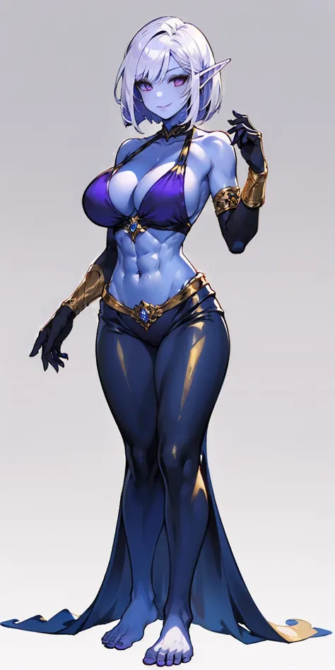 ((plain background:1.2, 1sologirl)) full body standing barefoot hands on waist navel, very purple skin, drow, elf, Madura, Detailed happy face, purple eyes, white hair bob style, gold bikini, well defined six pack abs, Large knockers, golden gloves