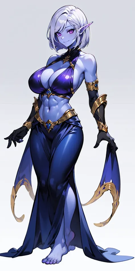 ((plain background:1.2, 1sologirl)) full body standing barefoot hands on waist navel, very purple skin, drow, elf, Madura, Detailed happy face, purple eyes, white hair bob style, gold bikini, well defined six pack abs, Large knockers, golden gloves