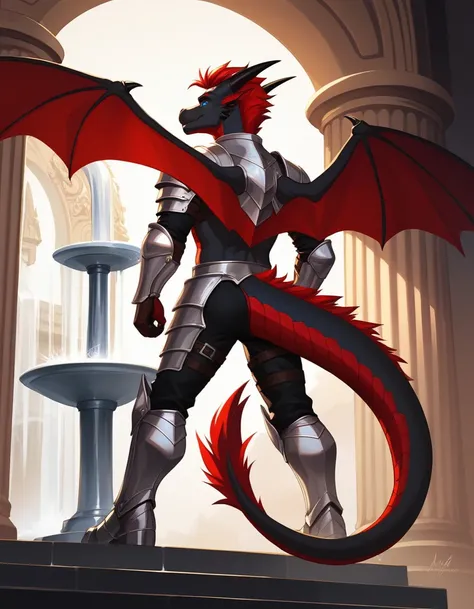 Solo, Score_9, score_8_up, score_7_up, source_cartoon, Anthro male, A black dragon, black dragon with red highlights on scales, black and red wings, blue eyes, short red hair, standing, wearing knights armor, standing in front of a giant magical golden fou...