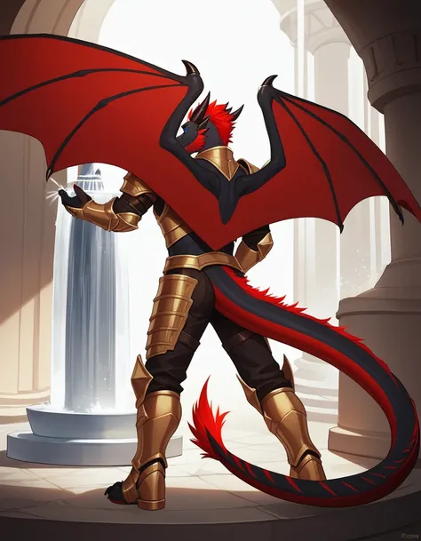 Solo, Score_9, score_8_up, score_7_up, source_cartoon, Anthro male, A black dragon, black dragon with red highlights on scales, black and red wings, blue eyes, short red hair, standing, wearing knights armor, standing in front of a giant magical golden fou...