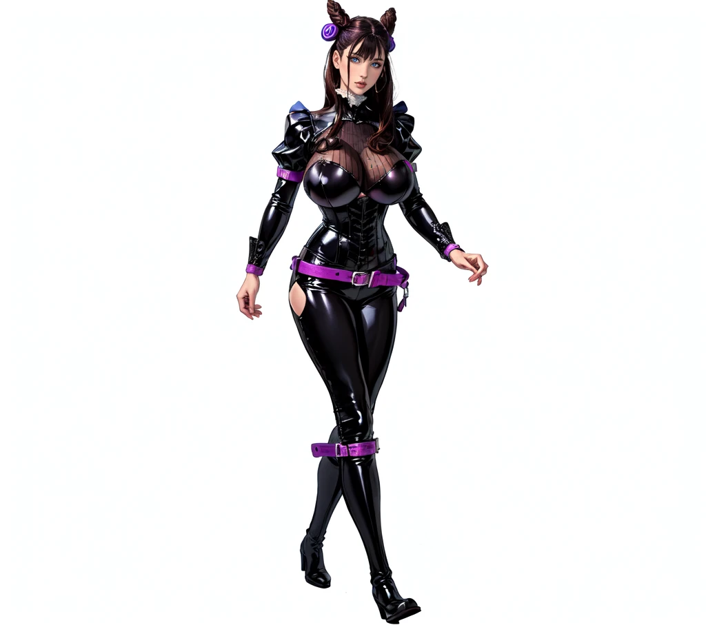 1girl,murasakishikibu, murasaki shikibu, brown hair, (purple eyes:1.1), long hair, big breast,black latex corset, black latex bodysuit,long latex sleeves, blakc latex trousers, purple belt, puffy sleeves, purple gemstone, sleeves past wrists, cone hair bun...