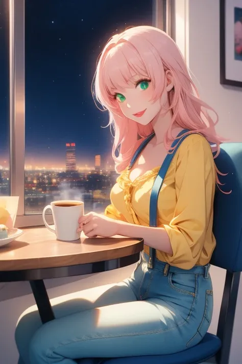 anime girl 26 years old yellow blouse suspenders blue denim pants landscape luxurious apartment looking out the window towards a night city with pale pink hair green eyes and a white cat on her lap blue nails white walls cup of coffee on the table cat look...