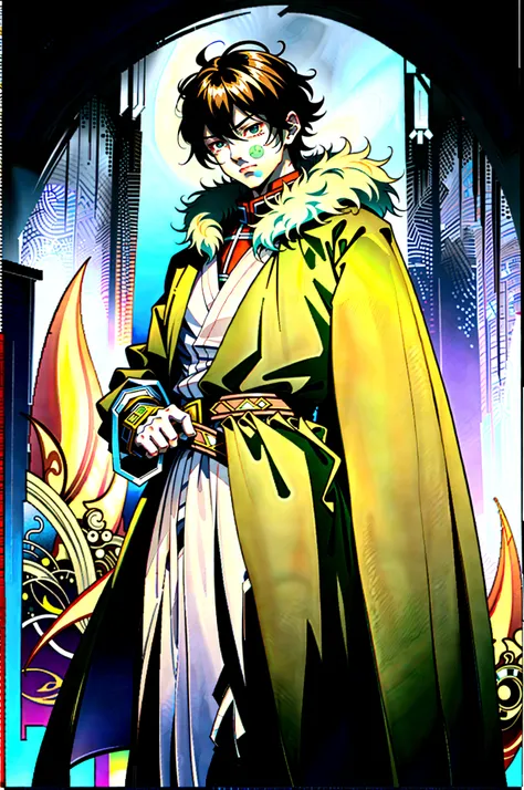 yuichiro hyakuya, (WithoutFear:1), 1 boy, black hair, green eyes, brown coat, gray armor, green shield, green cloak, dark brown gloves, town, fur trim, anime, standing, good quality, portrait, looking at viewer
