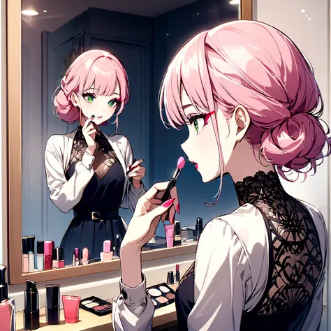 woman with pink hair、makeup、putting on makeup、looking in the mirror