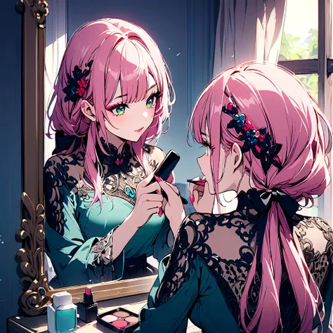 woman with pink hair、makeup、putting on makeup、looking in the mirror